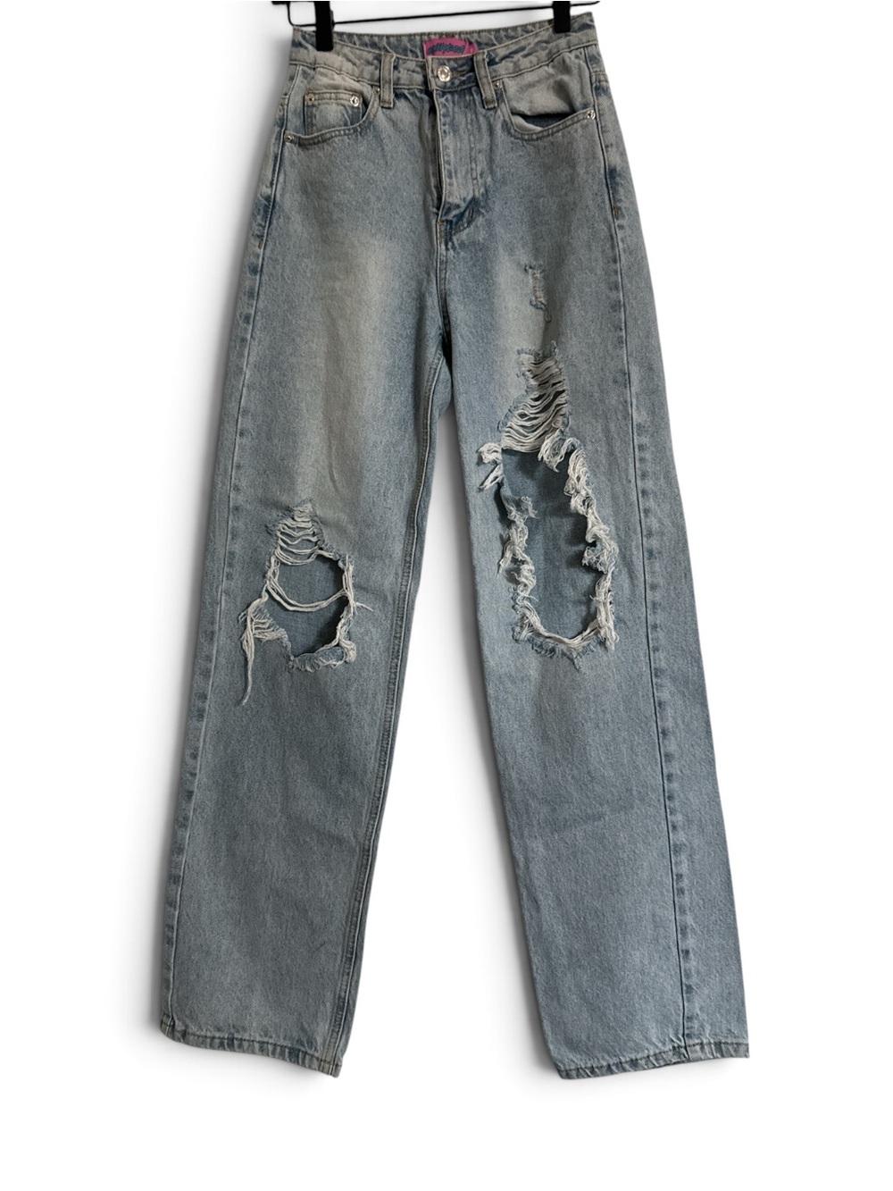 Edikted Light Blue Distressed Straight Leg Jeans